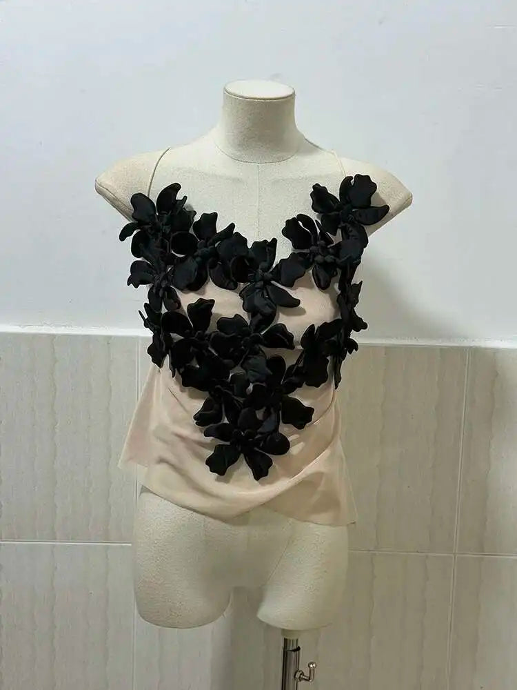 DEAT Fashion 3D Flower Design Backless Camisole For Women Spring New Arrival Trendy Mesh Outwear Sling Vests Female 11A03412