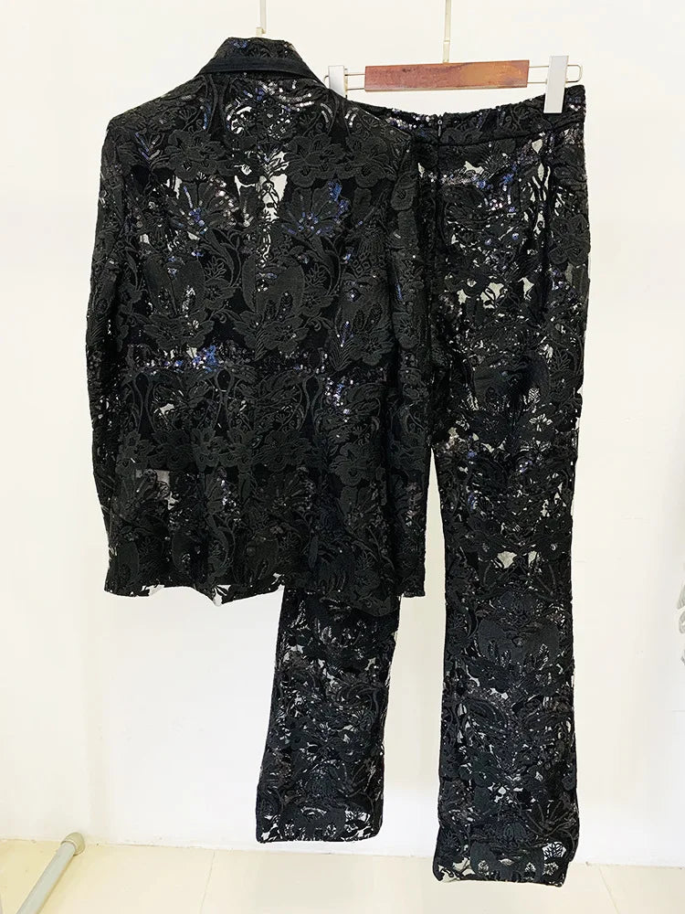 HIGH STREET Newest 2026 Designer Runway Suit Set Women's Single Button Guipure Lace Sequined Blazer Pants Suit