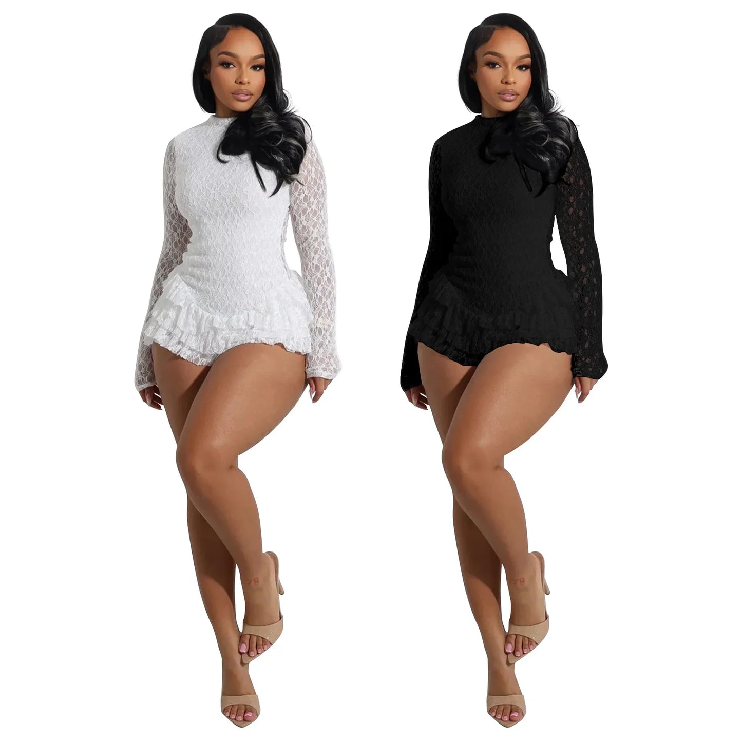 BWQ Women Long Sleeve Lace Ruffles Ruched High Waist Short Jumpsuit Streetwear Backless Street One Piece Romper Playsuit
