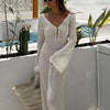 Sexy Women Long Knit Beach Dress Hollow-Out Deep V-Neck Long Sleeve Bikini Cover-Ups Dress Fall Backless Holiday Dress