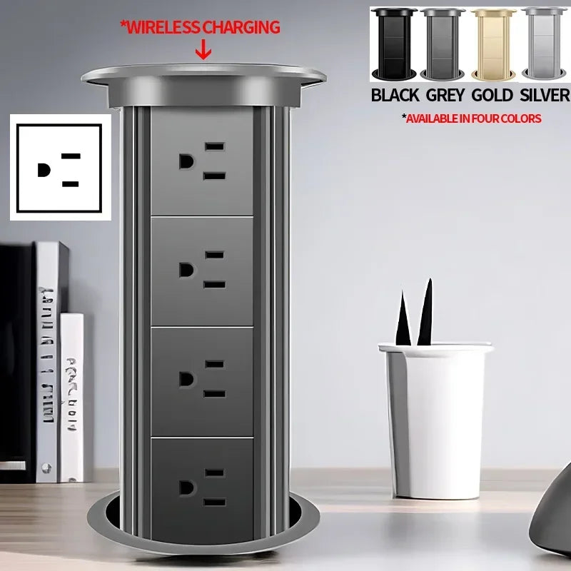 Motorized Lifting Pop Up Tower Power Outlet Hidden Mounted Kitchen Worktop USB Type C Socket with Speaker Wireless Charging