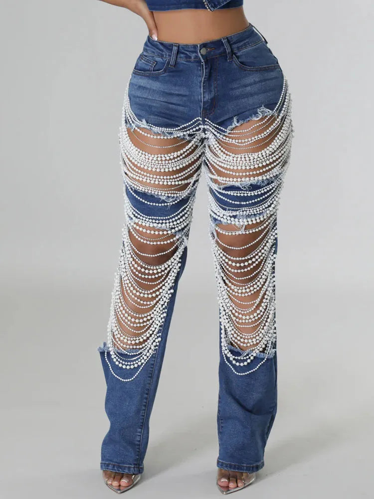 Women's Destroyed Ripped Hole Denim Pants Pearl Rhinestones Chain Distressed Slim Fit Skinny Jeans Y2K Night Club Party Jeans
