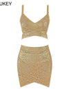 BEAUKEY Qualität 2-teiliges Set glänzendes Metallic Roségold Bodycon Top & Rock Neues Mini Kurzes Sexy Party Nachtclub Set