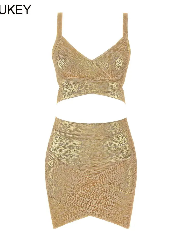 BEAUKEY Qualität 2-teiliges Set glänzendes Metallic Roségold Bodycon Top & Rock Neues Mini Kurzes Sexy Party Nachtclub Set