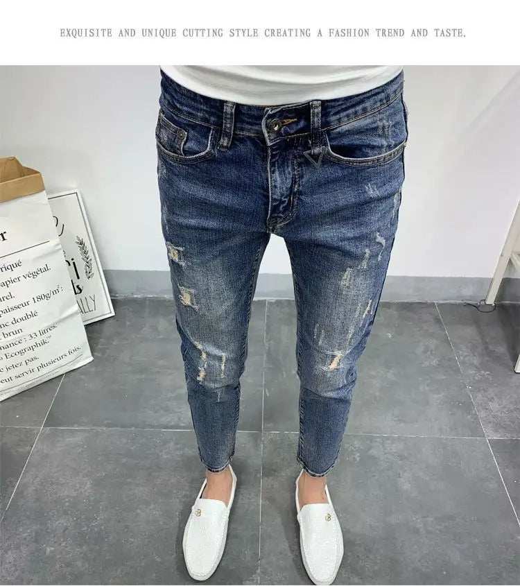 Men's Korean Style Classic Jeans 2023 New Blue Ripped Jeans for Men Fashion Trendy Summer Skinny Ripped Hole Cargo Trousers