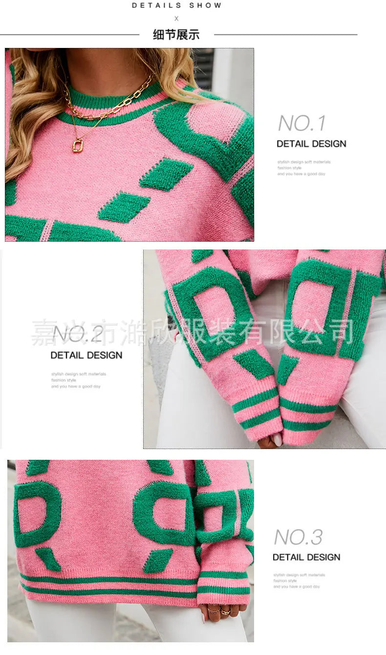 Knitted Sweaters Women 2023 Spring/Autumn Round neck Letter  Embroidery Pullovers Top Temperament casual warm Tee contrast color