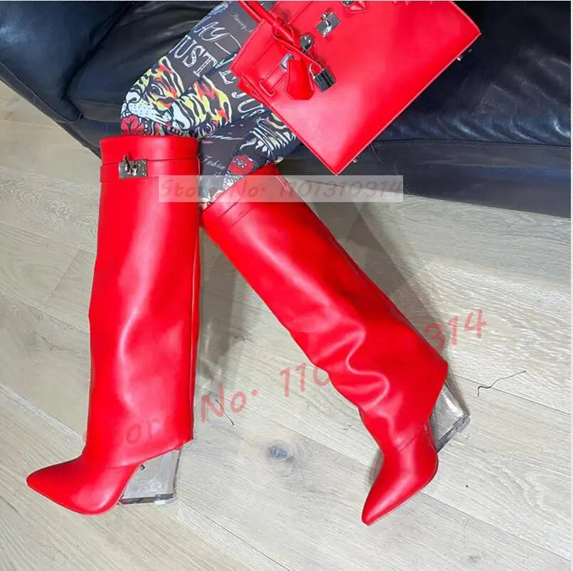 Transparent Wedge Knee-high Boots Women Pointy Toe Winter Fashion Metal Decor Foldover Shoes Ladies Streetwear Clear Heel Boots