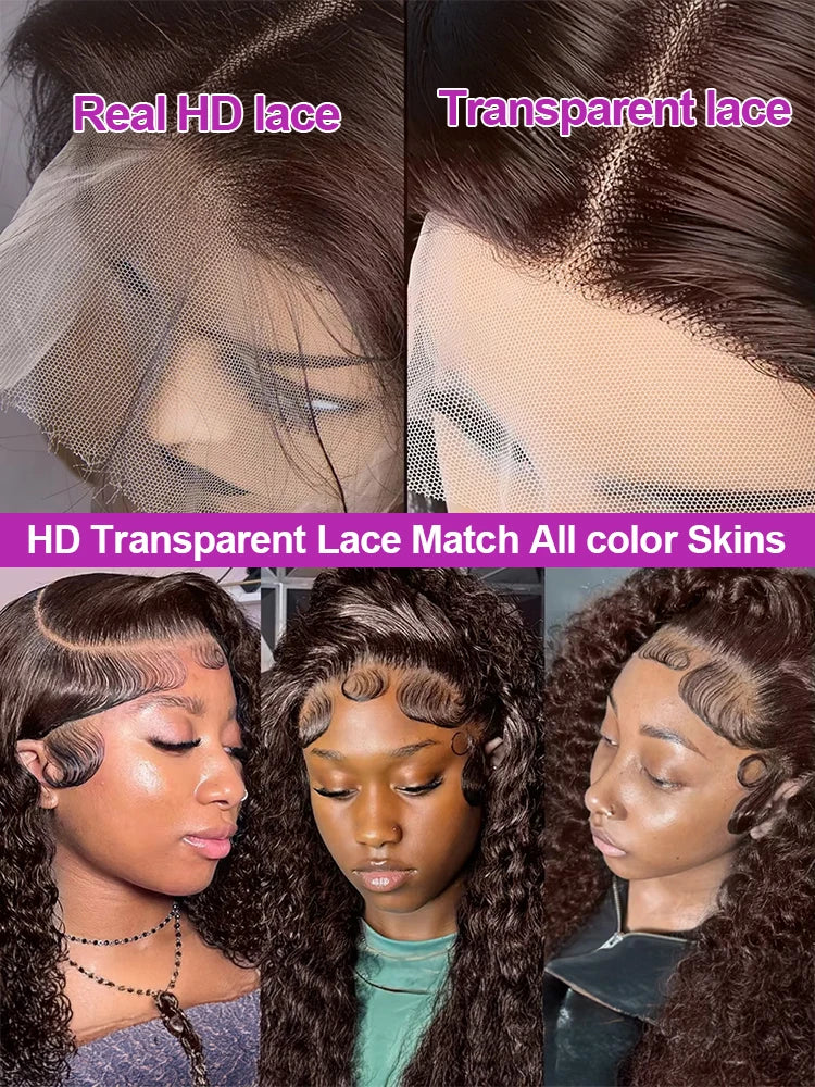 300 Density Chocolate Brown Deep Wave Lace Front Human Hair Wig 40Inch Color Hd Lace Frontal Wig For Women 13x6 Water Curly Wigs