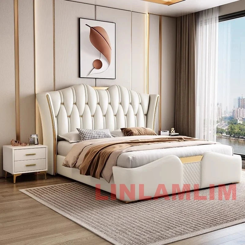 MINGDIBAO Luxuriöses, modernes Polsterbettgestell mit Goldakzenten, Designer-Bett aus echtem Leder, Schlafzimmermöbel in Queen-/King-Size