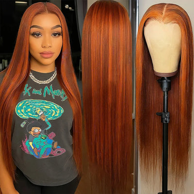 250% 4/350 Highlight Ombre Bone Straight 13x6 Lace Front 100% Human Hair Wigs Ginger Orange Brown Colored 13x4 Lace Frontal Wig