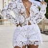 Women Sexy Short Sets Hollow Out Top Lace Spliced Full Sleeve Cardigan Solid Elegant Slim Fit Shirts High Street Summer 2024
