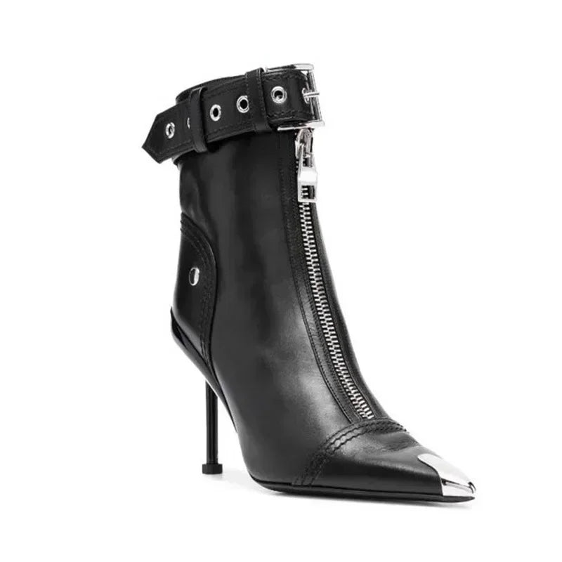 Gürtelschnalle Reißverschluss vorne Modenschau Stiefeletten Damen Herbst Winter Neu Spitz Metallverzierung Rote High Heels Ankle Boots