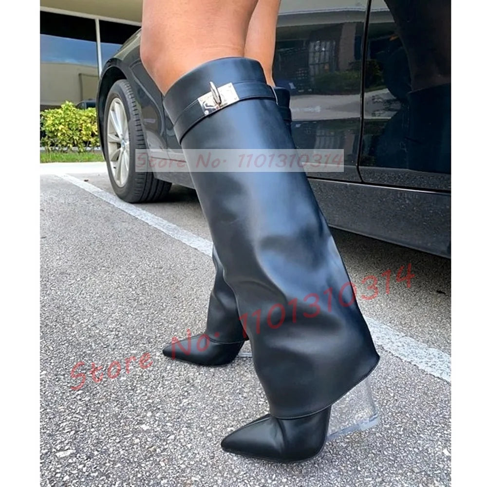Transparent Wedge Knee-high Boots Women Pointy Toe Winter Fashion Metal Decor Foldover Shoes Ladies Streetwear Clear Heel Boots