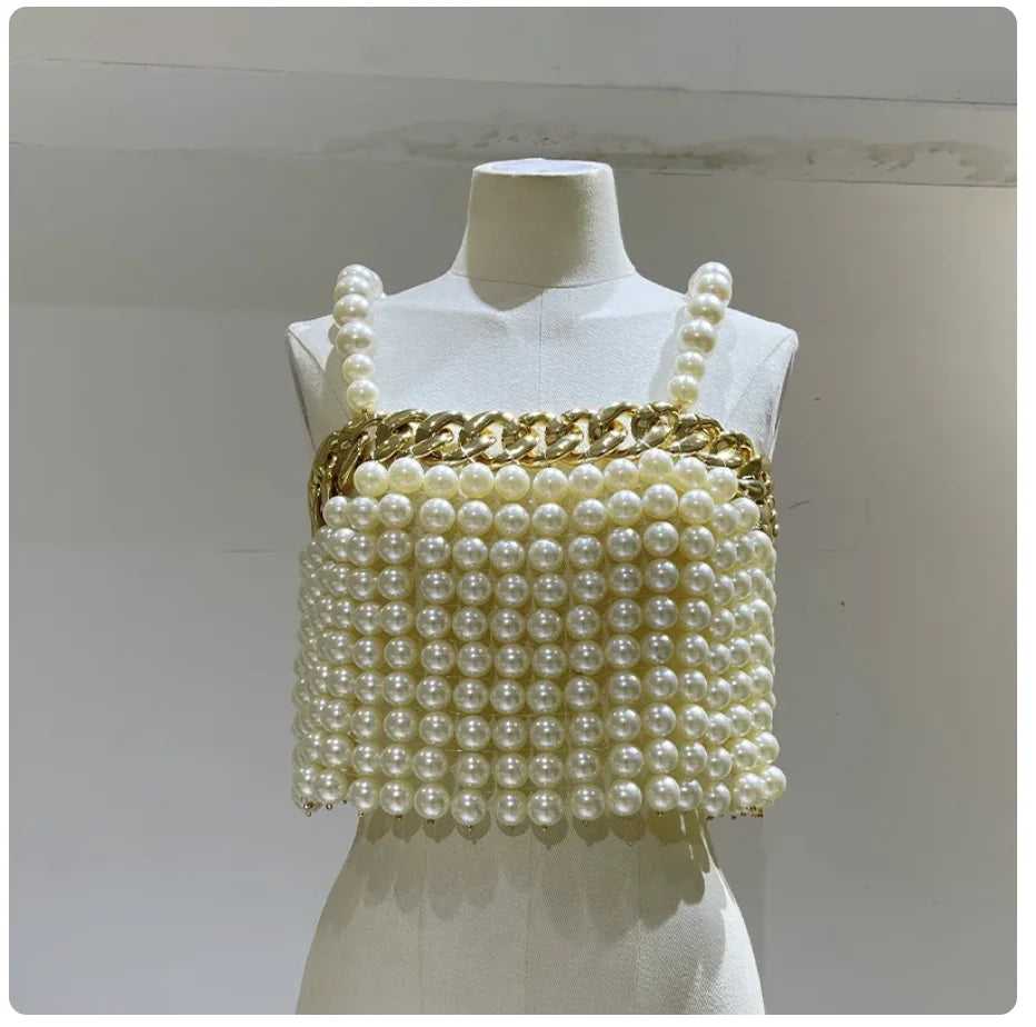 Sexy Lingerie Women Fashion Handmade Beaded Body Jewelry Bikini Large Pearl Suspender Vest Chest Chain Party Catwalk