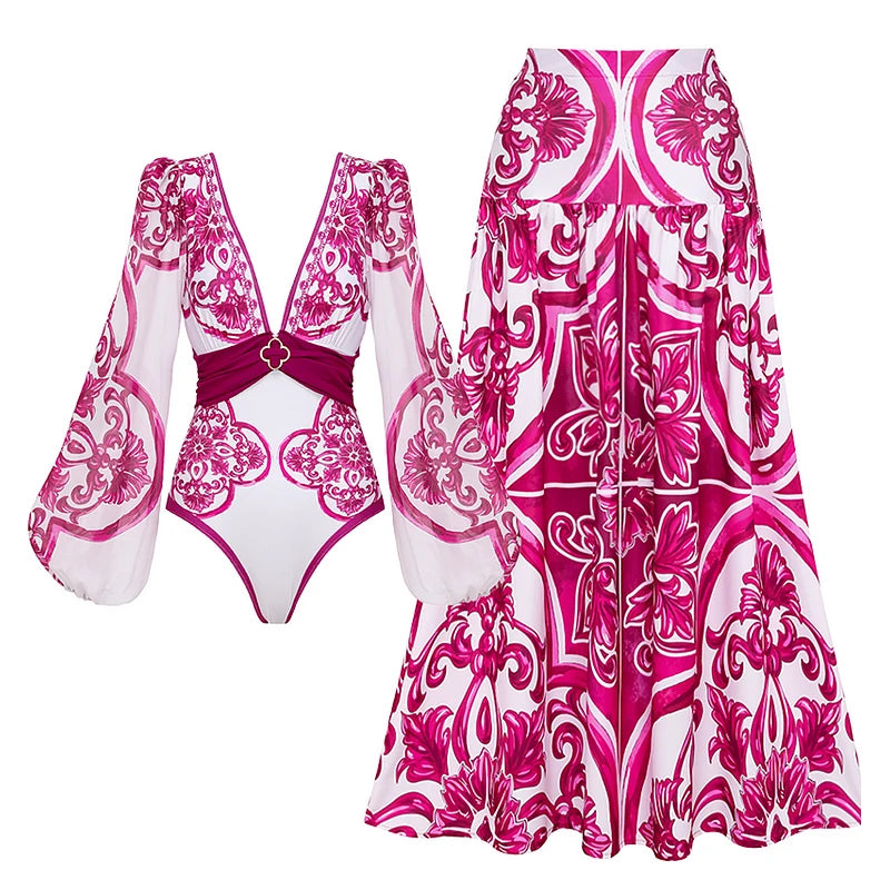 Flaxmaker Long Sleeves Majolica Series Pattern Print One Piece Swimsuit Biquini Beachwear Women Sexy Bikini Sets Swimsuit