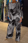 Casual Sets for Women 2 pieces Summer Fashion Printed Satin Two Piece Sets Women Sexy Round Neck Top+Wide Leg Long Pants Outfits