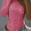 2025 Spice Girls Sexy Pailletten-Top, One-Shoulder, eng anliegend, mit Strasssteinen, einfarbig, Silber, einteilig, Mode, Party, Nachtclub, Sommer-Top