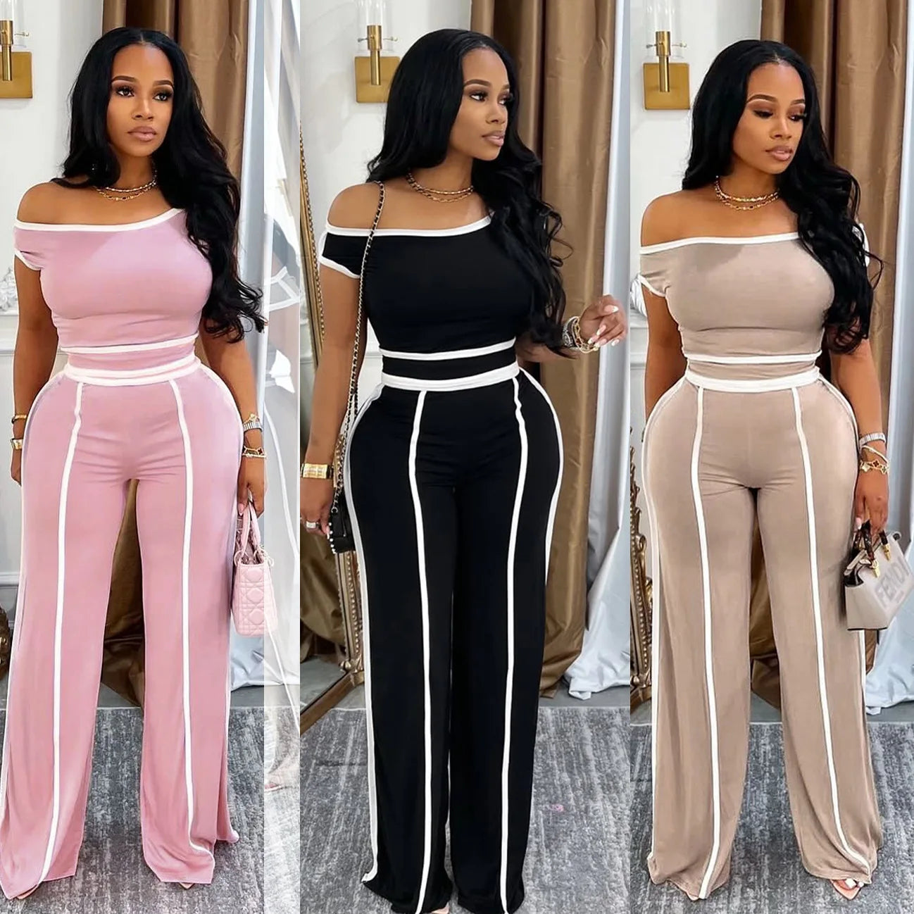 Casual Women's Solid Color Set with Diagonal Shoulders and Wide Legs, Two Piece Set, Summer 2025