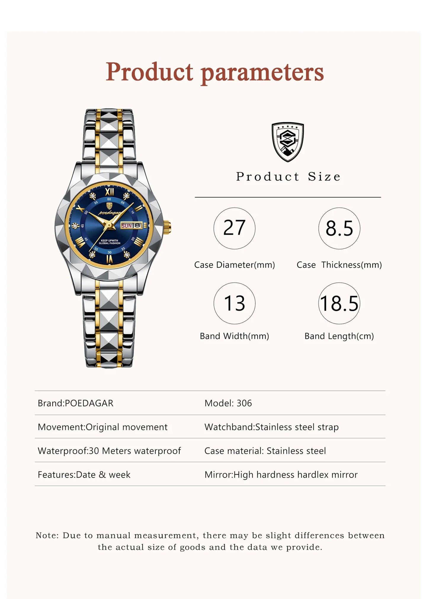 POEDAGAR Luxuriöse Damen-Kleideruhr, leuchtend, wasserdicht, Wochen- und Datumsanzeige, Damenarmbanduhr, Edelstahl-Damenquarzuhr reloj+box