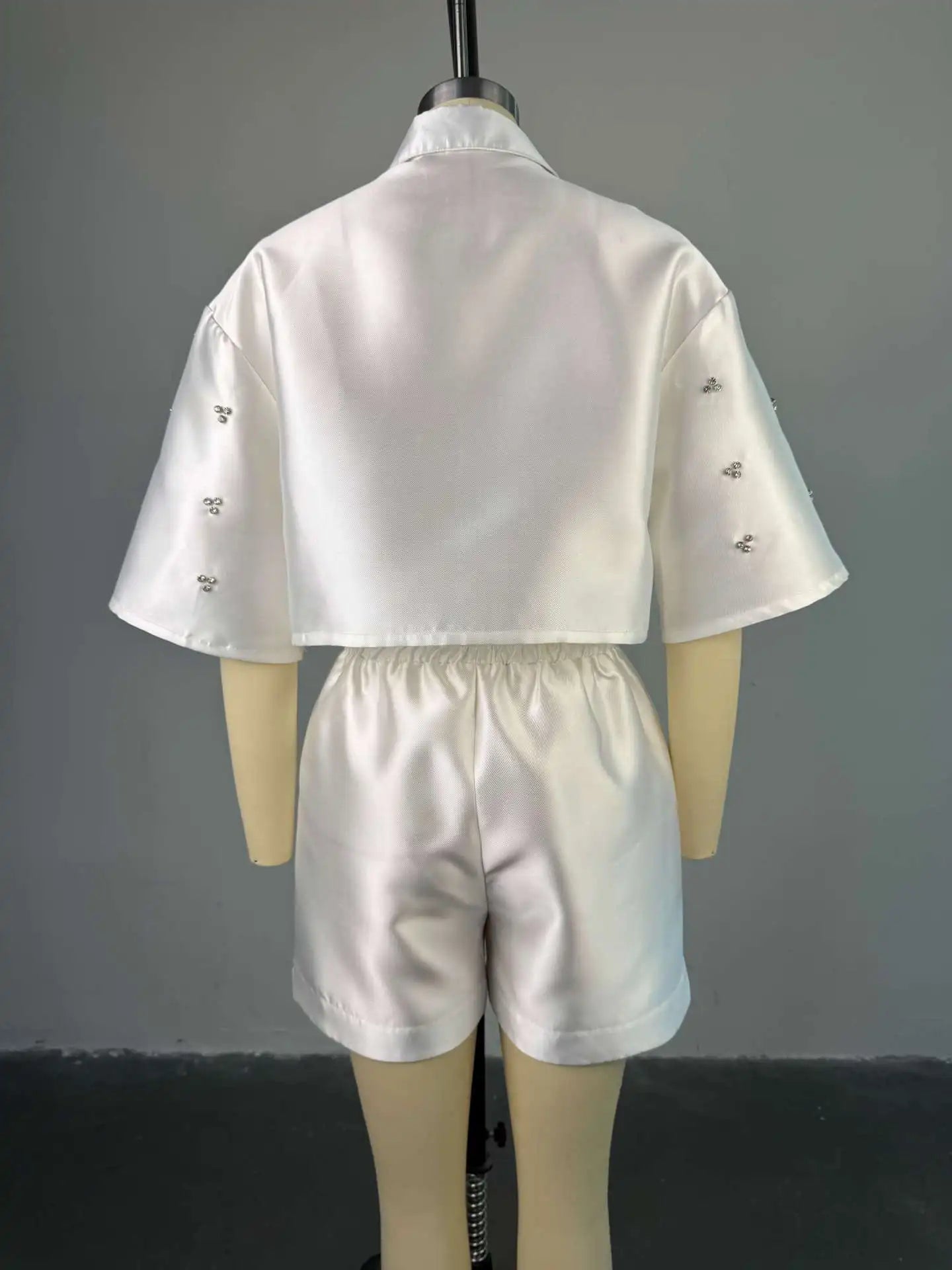 CM.YAYA Fashion Beading Women's Set 3/4 Sleeve Shirt Tops and Shorts Sets 2025 Summer Street Two 2 Piece Sets Outfits Tracksuit