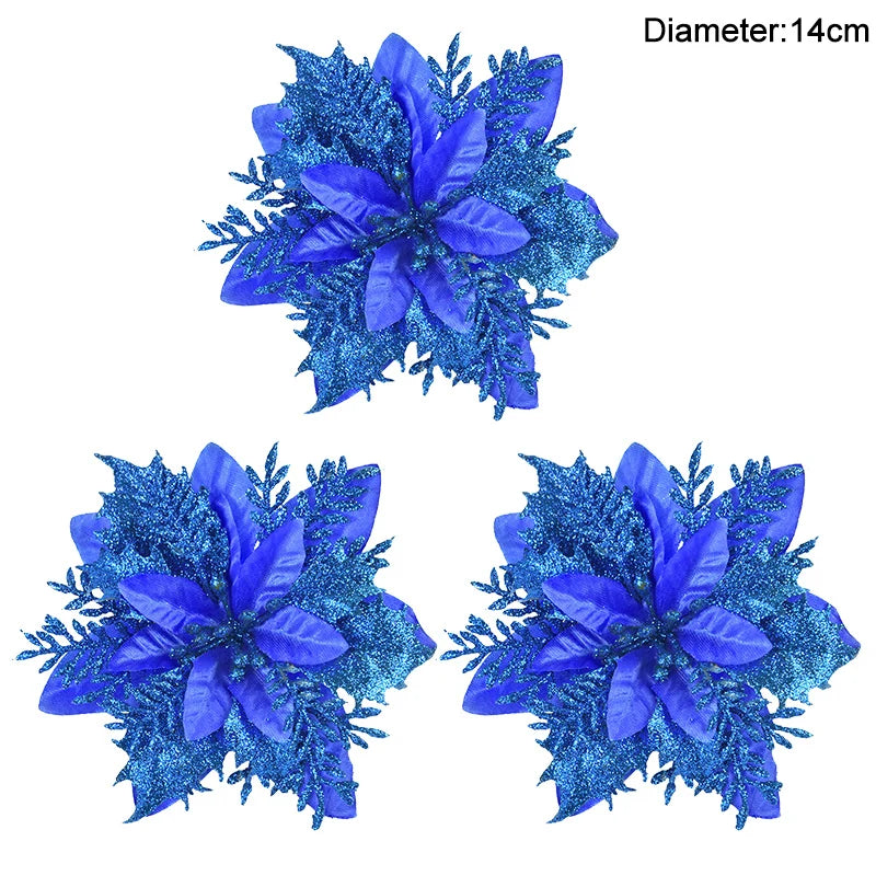 3/10Stück 14cm Weihnachtsblumen Glitzer Rot Gold Blütenkopf Weihnachtsbaumschmuck Neujahrsdekorationen für Zuhause Navidad Noel Geschenke
