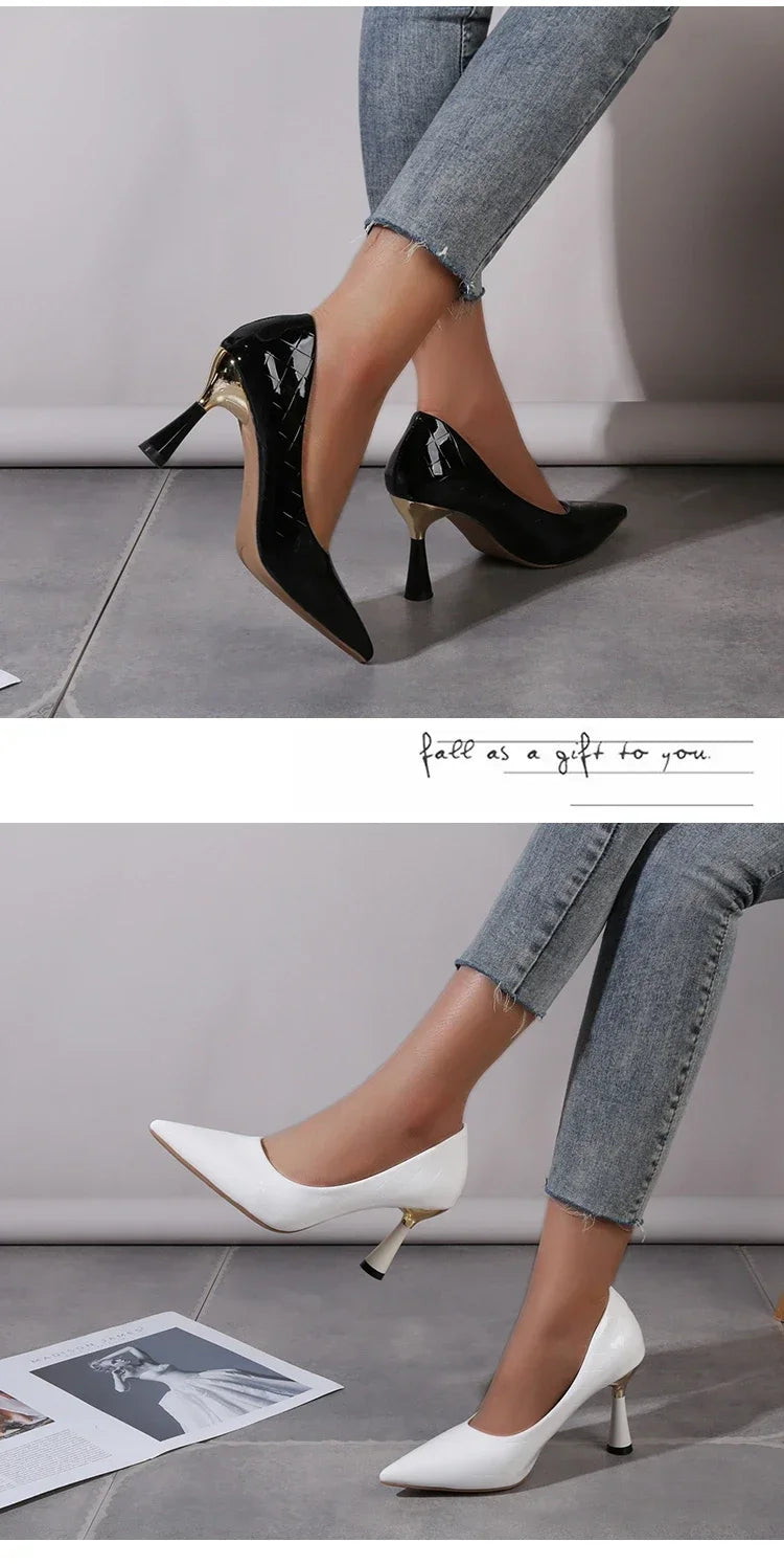 Schuhe Damen 2024 Trend Neue Sommer Rote Absätze Elegante Damen Schwarze Pumps mit Absatz Spitz zulaufende Pumps Kleid Leder Weiße Damenschuhe