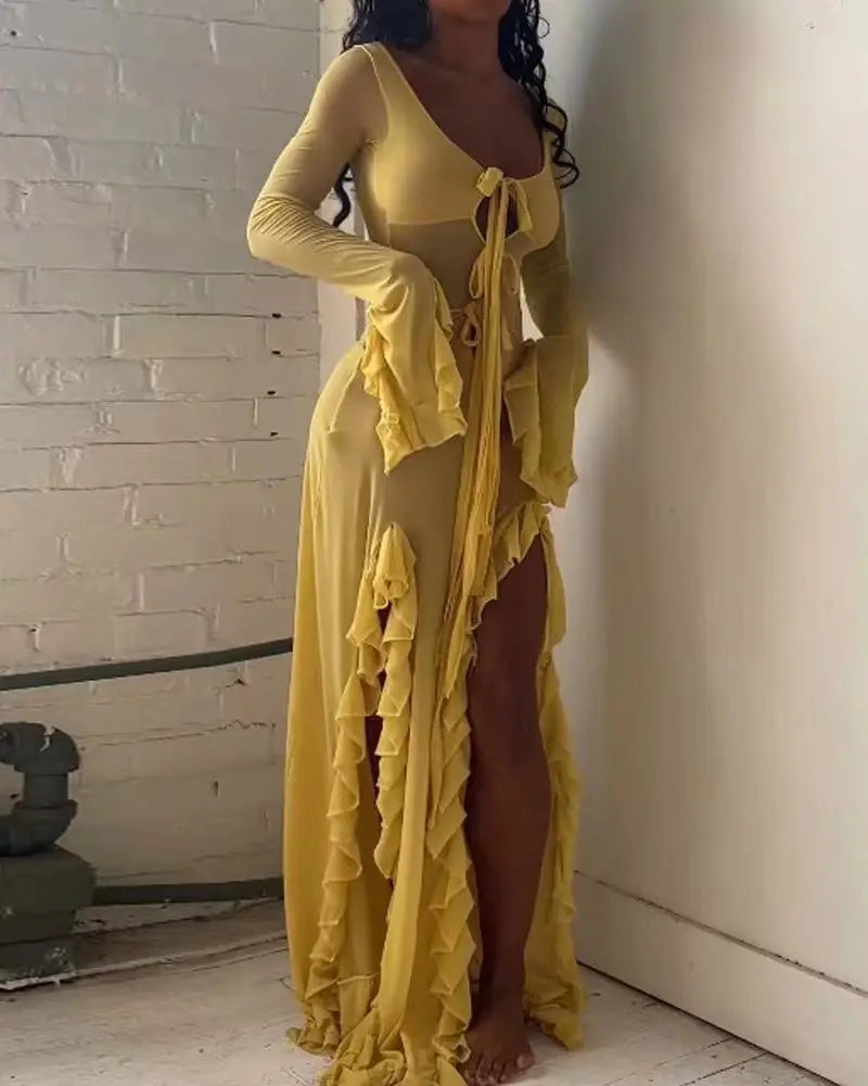 Sommerliches, figurbetontes, durchsichtiges, sexy Hot-Girl-Kleid, elegantes, einfarbiges V-Ausschnitt-Kleid mit Trägern, langen Ärmeln, Rüschen, Schlitz und langem Rock
