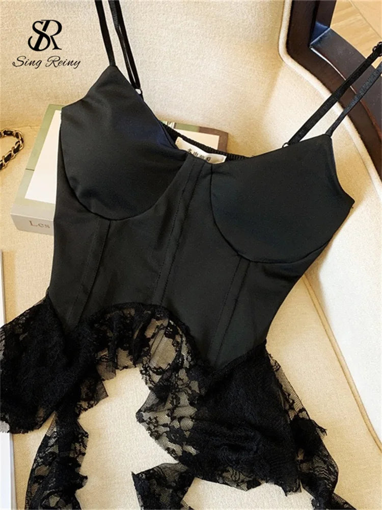 SINGREINY Summer Irregular Sexy Camisole French Style Sleeveless Sheath Camis 2025 Women Lace Spliced Solid Streetwear Camis