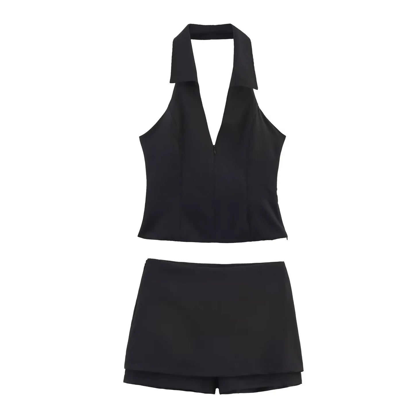 HH Women Pink 2 Piece Set Sexy V-Neck Sleeveless Backless Suspender Zipper Top+High Waist Back Pocket Mini Skirts Shorts Y2K