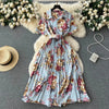 2024 Summer Women Floral Pleated Dress Vintage Turn-Down Collar Short Sleeve Single Breasted Printed Draped Midi Vestidos New