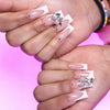 24 Stk. lange Ballett French Press-on-Nägel mit niedlicher rosa Schleife, glänzendem Diamant-Dekor, falsche Nagelspitzen, tragbare süße koreanische künstliche Nägel
