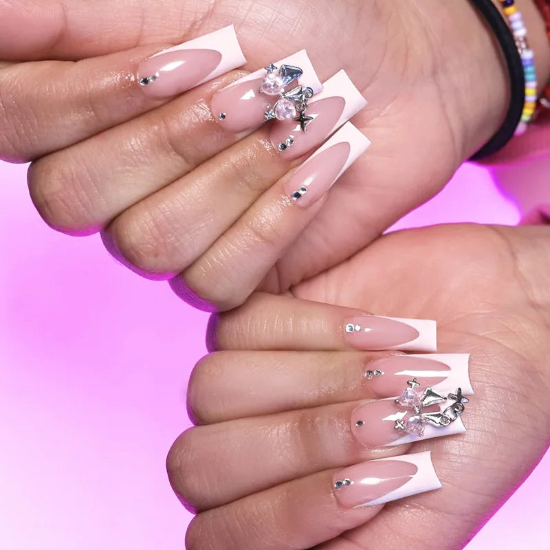 24 Stk. lange Ballett French Press-on-Nägel mit niedlicher rosa Schleife, glänzendem Diamant-Dekor, falsche Nagelspitzen, tragbare süße koreanische künstliche Nägel