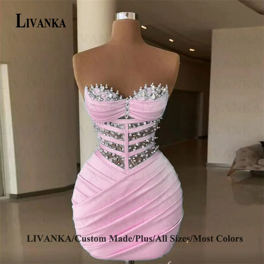 LIVANKA  Fashionable Sheath Homecoming Dresses For Women Pearls Pleat Ruched Satin Vestidos De Festa Customized Plus Size