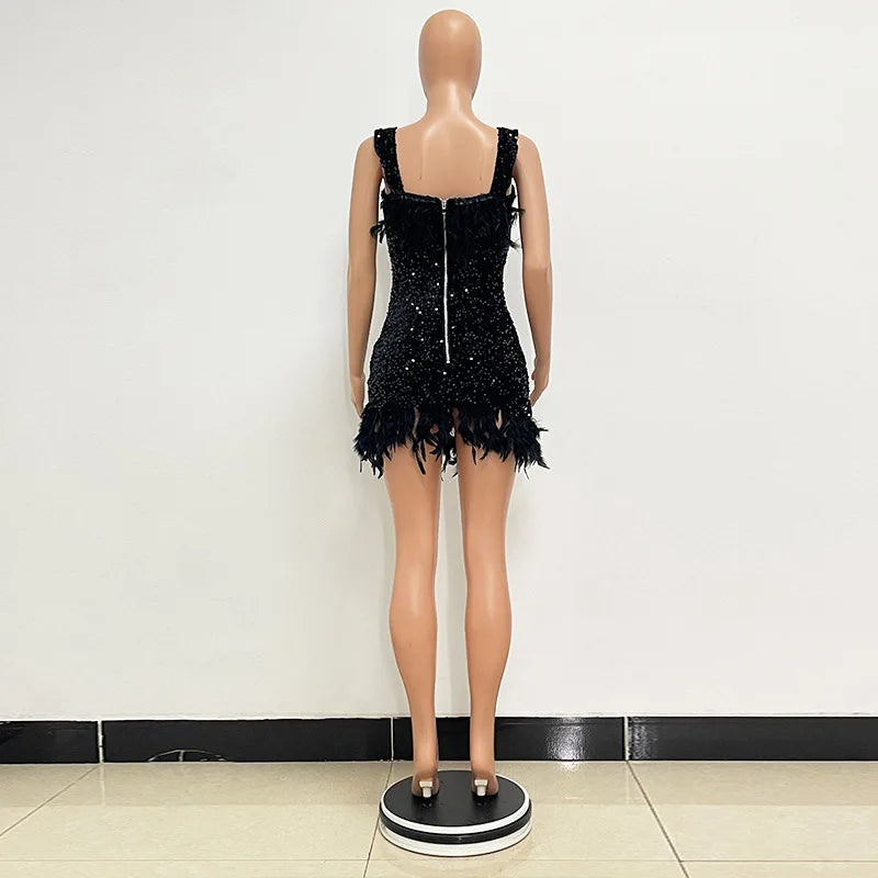Damen Partykleid Ärmellos Glänzende Pailletten Feder Abendkleid Sexy schulterfrei rückenfrei Mini Formelle Ballkleider HXY8