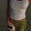 Sexy Sequins Tassel Skirt Sets Women Sling Crop Tops Hip Package A-line Short Skirts 2025 Summer Chic Beach Party Outfits Lady