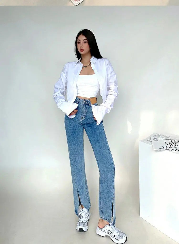 Zadily 2025 Summer Korean Style Long Sleeve White Shirt Women Sexy Button Ladies Crop Tops Blouse Street New In Female Clothing