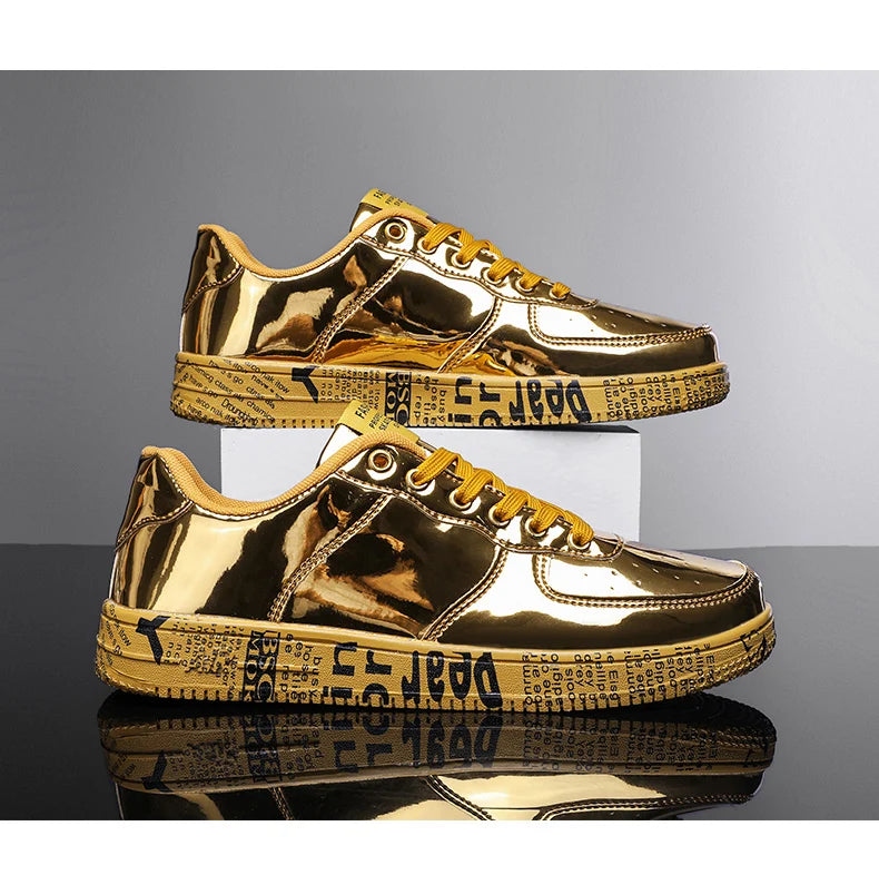 New Gold Sneakers Couple Shoes Luxury Casual Glitter Sneakers Men Hip-hop Streetwear Skateboard Shoes Men Flat Designer Footwear