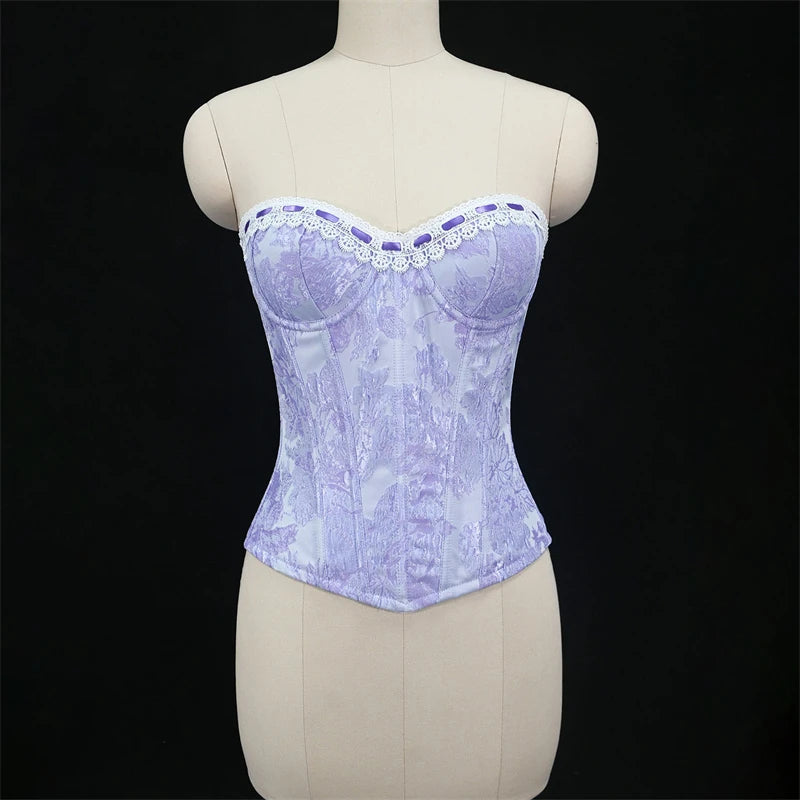 Sexy Women Pink Overbust Corset Crop Top Sweet Lace Patchwork Slim Fit Strapless Bustier Chic Party Summer Clothes Streetwear