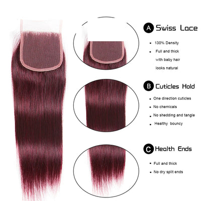 HairUGo Brasilianisches 99J 4x4 Glattes Haar Closure 4*4 Lace Closure 10''-20'' 100% Echthaar Lace Closure mit Babyhaaren Remy Hair