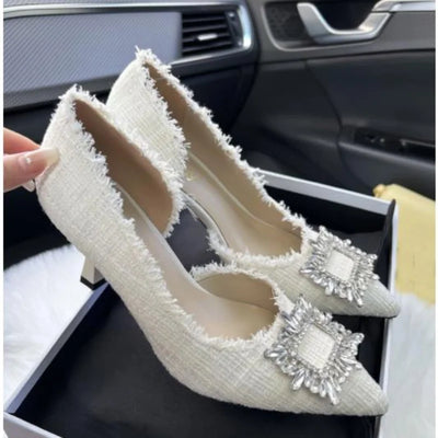 Weiße Design-Strasssteine Damen-Pumps Frühling Mode Spitzschuh Weibliche flache High Heels Elegante Damen-Arbeitskleiderschuhe
