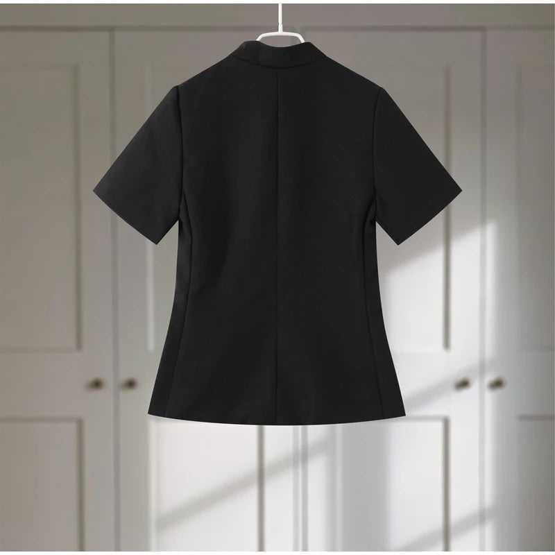 Fashion Women's Stand Collar Blazer Short Sleeve Button Puff Sleeves Solid Lady Top 2025 Summer Autumn Elegant Female Coat