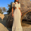 Sexy White Lace Women Dress Turtleneck Tassel Sleeve Slim Naked Waist Hollow Out Long Dress Summer Beach Female Knit Robe