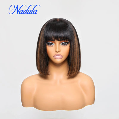 Nadula Hair Kurze Bob Perücken mit Pony Yaki Glatt Kurz Bob Highlight Balayage Farbe Perücke 4X2 T-Teil Spitze 100% Echthaar Perücken