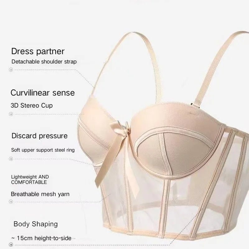 French Ladies Transparent Mesh Corset Sexy Shaper Thin Bra Set Night Club Sweet Cropped Top Girls Hot Bra and Panties Bralette