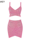 BEAUKEY Quality 2 Piece Set Shinny Metallic Rose Gold Bodycon Top & Skirt  New Mini Short Sexy Party Night Club Set