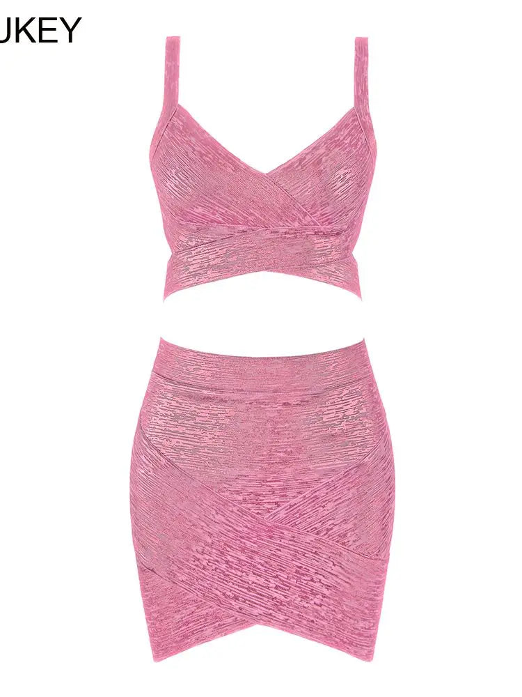 BEAUKEY Qualität 2-teiliges Set glänzendes Metallic Roségold Bodycon Top & Rock Neues Mini Kurzes Sexy Party Nachtclub Set