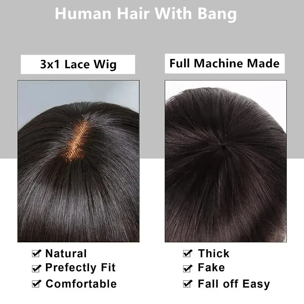 Glueless Wig With Bangs Human Hair 3x1 HD Lace Straight Human Hair Wigs For Woman Brazilian Cheap Wigs Full Machine Made On Sale