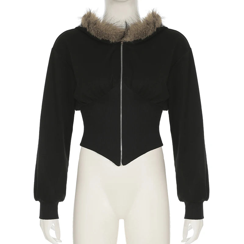 BIIKPIIK Pelzkragen Kapuzenmäntel für Damen Lässiger Reißverschluss Slim Hoodies Einfache All-match Schwarz Harajuku Mantel Herbst Winter Sweatshirts