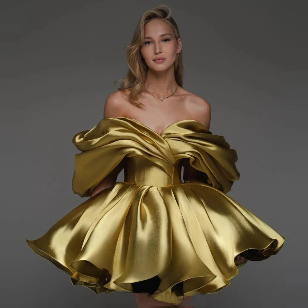 Luxury A-line Formal Occasion Party Dresses Satin Vestido Off the Shoulder Evening Prom Gowns Draped Corset Back Mini