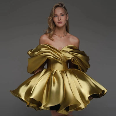Luxury A-line Formal Occasion Party Dresses Satin Vestido Off the Shoulder Evening Prom Gowns Draped Corset Back Mini